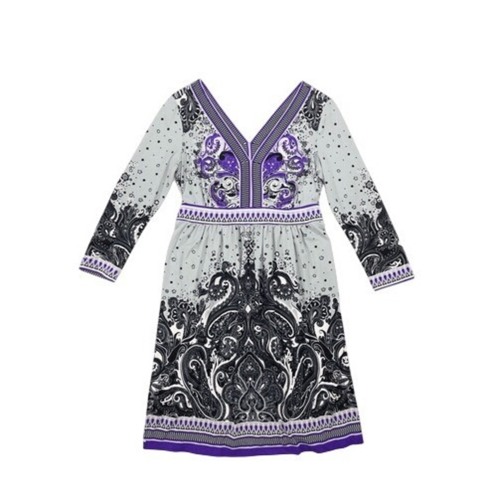 ECI Grey Purple Printed 3/4 Sleeves Empire‎ Waist Stretchy Dress Size Small